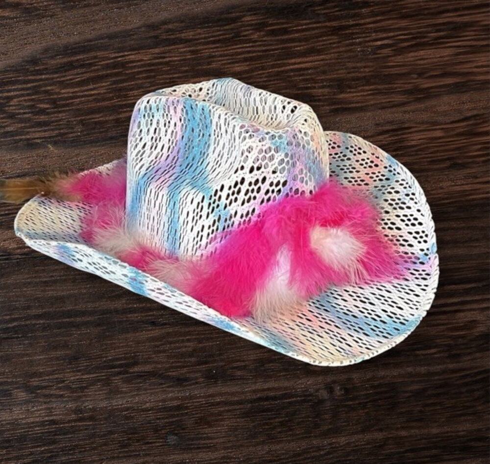 Camelia Hat Feather Western White Woven Multicolor Cowgirl Women Sz 6 3/4